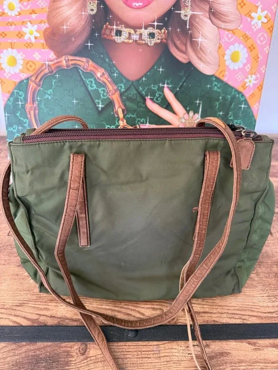 Prada Olive Green Nylon Tote with Brown Leather Trim. - Picture 8 of 9